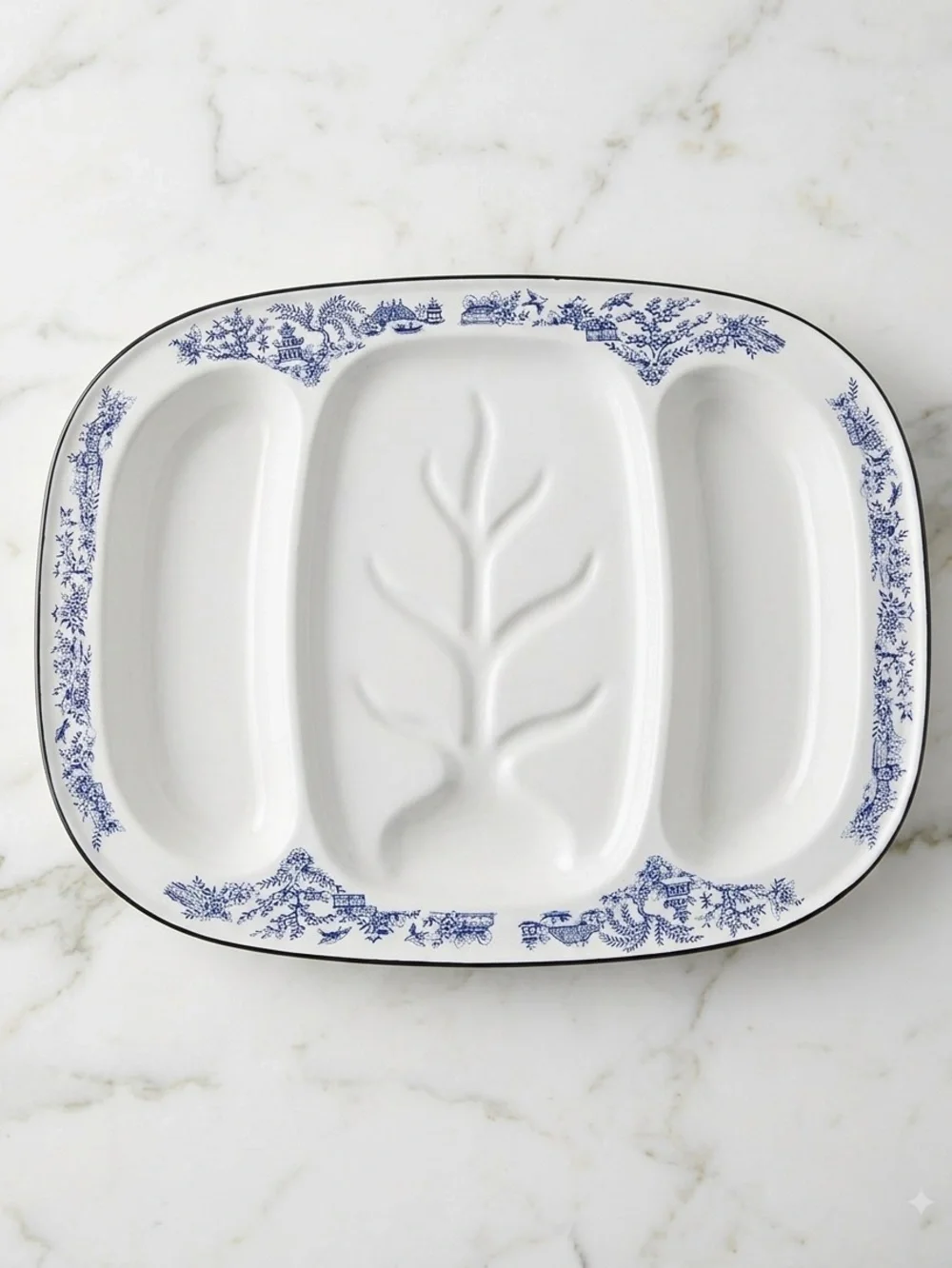 Vintage Enamelware Meat Platter Tree Design White & Blue Willow Black Rim 18x14”